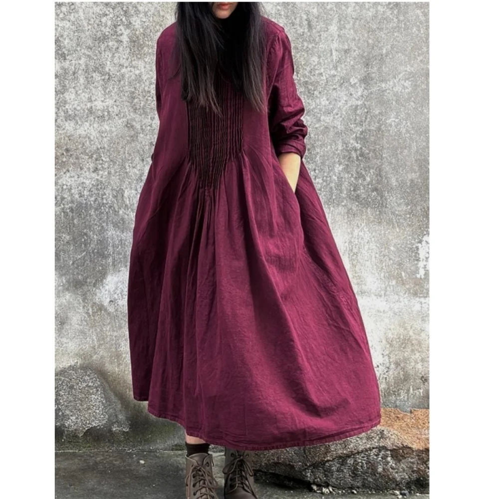 Romantic French Linen Autumn Winter  Loose Organ Stand Up Collar Long Sleeved Dress Women Medium Long Red Dress MCP018