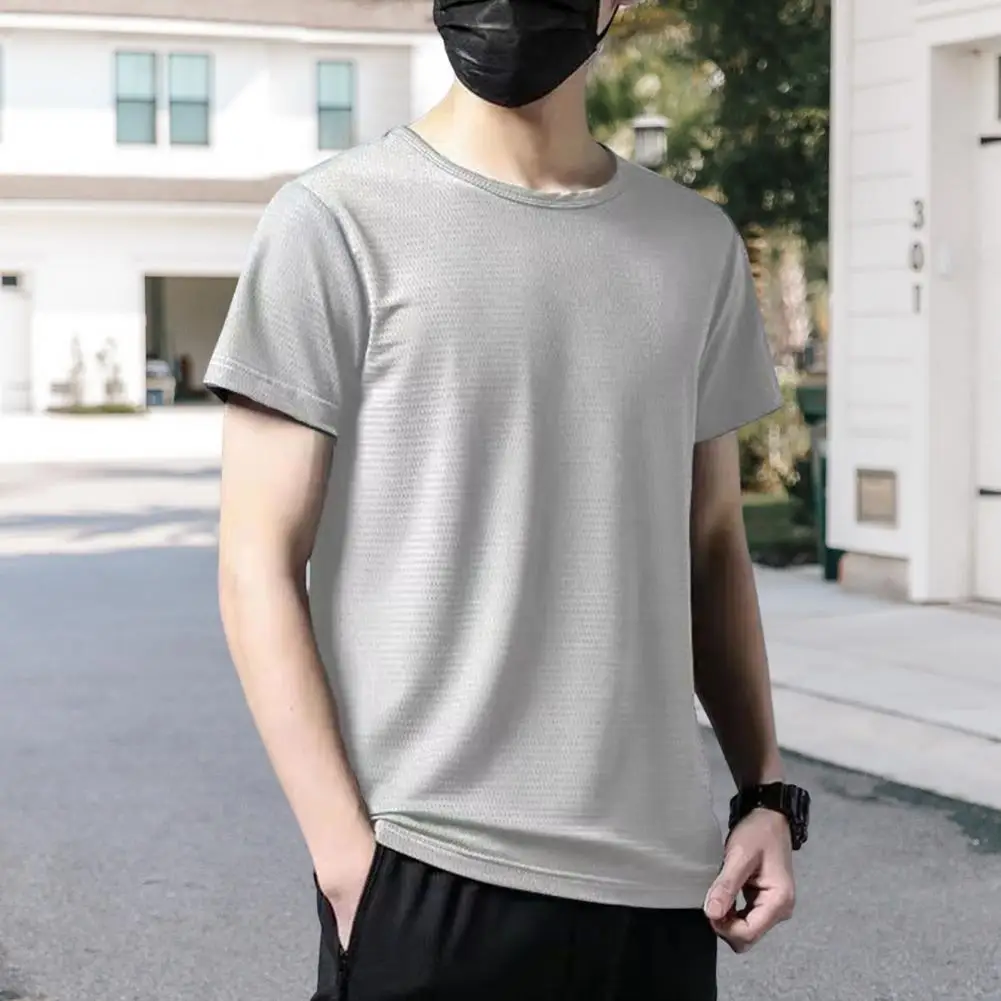 Men Summer T-shirt Quick Dry Mesh Thin Stretchy Round Neck Short Sleeves Solid Color Soft Breathable Loose Mid Length Casual Dai