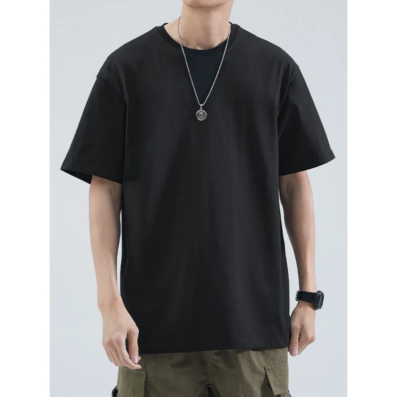 

2026 новая мужская однотонная простая и атмосферная универсальная свободная повседневная футболка из чистого хлопка с круглым вырезом