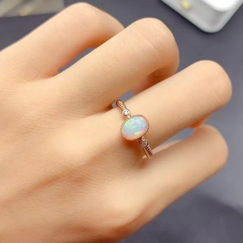 Natural Australian Opal Ring for Daily Wear 5mm*7mm Opal 925 Silver Ring with 18K Gold Plated Gift for Women