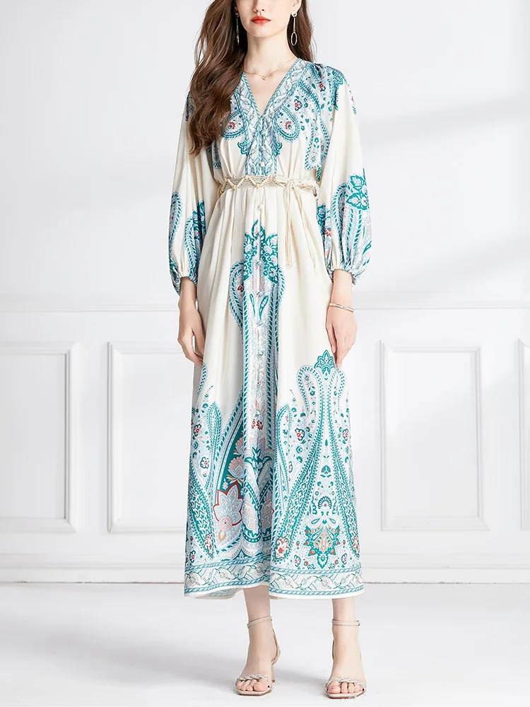 Robes longues bohèmes pour femme 2023 mode col en V à manches longues élégante robe maxi de soirée tresse ceinturée robe boho imprimée vintage