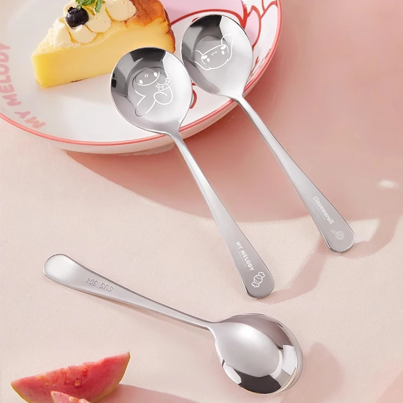 MINISO Senrio My Melody 304 Stainless Steel Spoon Cinnamoroll Cartoon Soup Ladle Kawaii Hello Kitty Round Head Long Handle Spoon