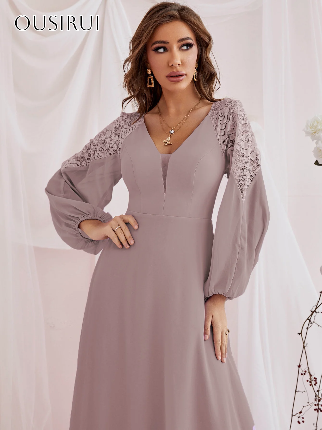 V-neck Chiffon Evening Dresses Lace Long Sleeves Pleated Ankle Length Party Gown Customized свадебное платье