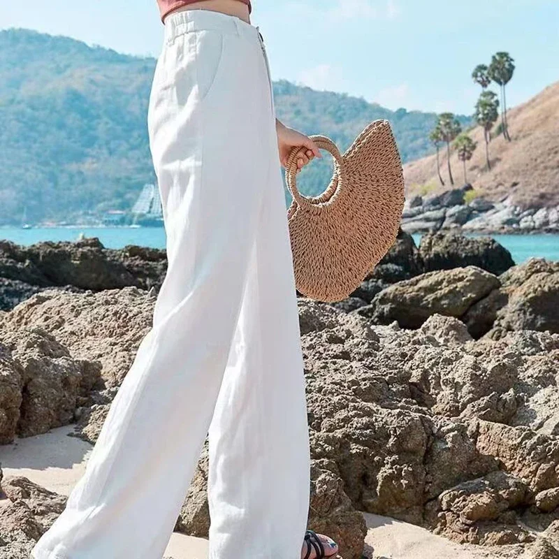 Summer Thin Cotton Linen Pants Women Elegant High Waist White Wide Leg Pants Woman Casual Loose Straight Full Trousers Female