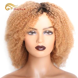 Jerry Curl Honey Blonde Human Hair Wig With Bangs Brazilian Full Machine Made Wigs On Sale Short Afro Curly Wig For Women