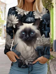 Christmas Cute Cat Women's Long Sleeves T-Shirt  Autumn New Animal Clothing Holiday Gift Clothing Fashion Casual Party T-Shirt