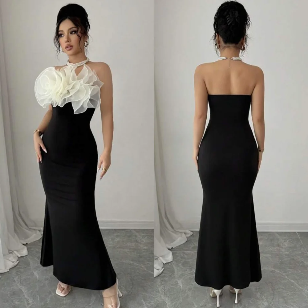 

Customized Jersey Handmade Flower Mermaid Strapless Midi Dresses Bespoke Occasion Party Exquisite Simple