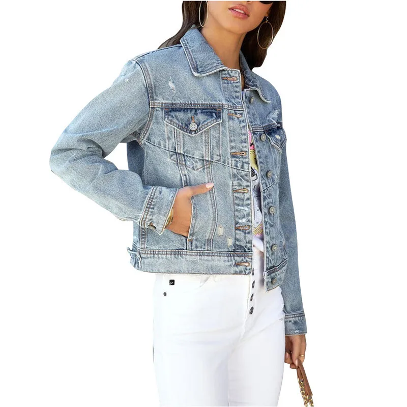 

JY Women's hollowed out long sleeved denim jacket, fashionable casual lapel button chest pocket slim fit jacket, autumn top