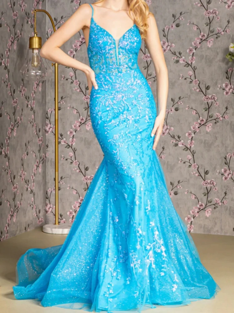 

Charming Mermaid Evening Dresses For Women V Neck Sleevless Zipper Floor Length Wedding Party Dress Prom Special Occasion Wear