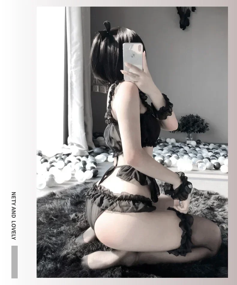 Pakaian dalam Lolita seksi Lingerie renda imut boneka bayi Kawaii Set lembut anak perempuan piyama hitam kostum Cosplay pakaian eksotis