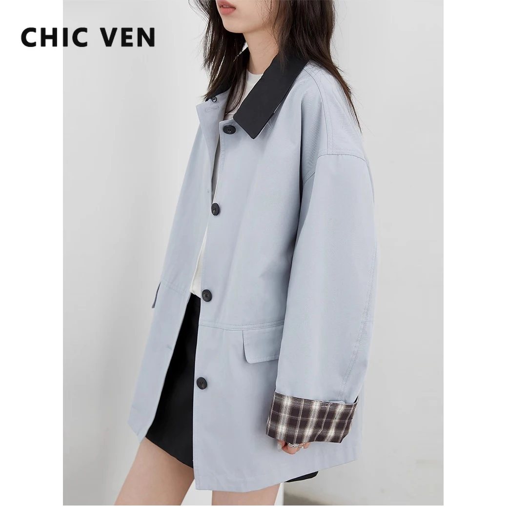 

CHIC VEN New Women Trench Coat Single-breasted Loose Casual Overcoat Female Plaid Windbreaker Tops Spring Autumn 2025