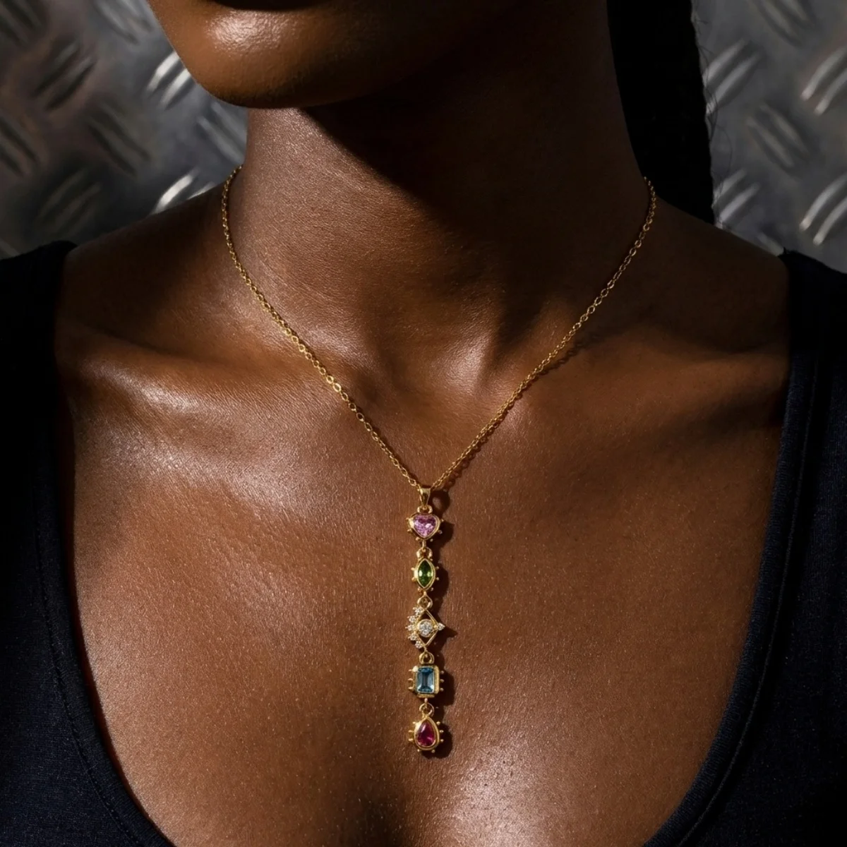 Glänzende Zirkon-Halskette mit geometrischen Verbindungsstücken und Quasten aus Edelstahl für Damen und Herren, Herz, Auge, Wassertropfen, Sonne, Mond, Stern, Choker-Schmuck – Detail 14