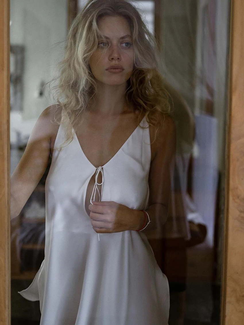 Marthaqiqi White Ladies Nightwear Sexy V-Neck Sleepwear Spaghetti Strap Nightgown Lace Up Pajamas Casual Mini Dress Home Clothes - Image 2