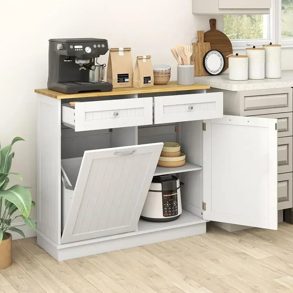 Kitchen Island Table with Solid Wood Top, 2 Drawers, Adjustable Shelf, Hidden Laundry Hamper, Pet-Proof Trash Can, Living/Dining