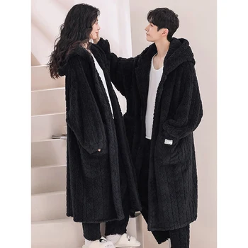 גברים חלוק עם ברדס זוג שינה חלוק לילה חורף לובש פיג 'מה חתיכה אחת כותונת לילה כיס מוצק 2024