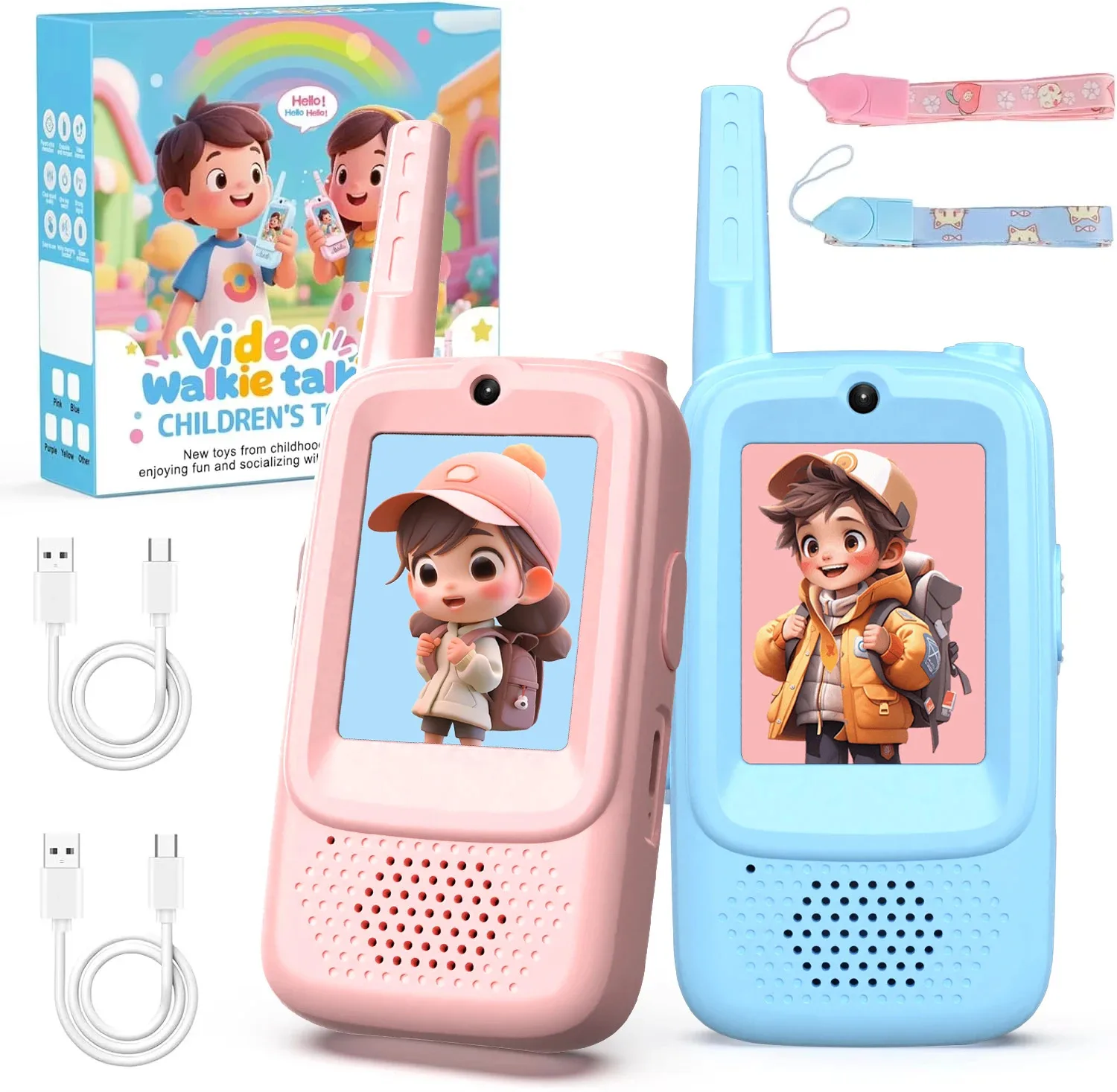 2 قطعة جهاز اتصال لاسلكي للأطفال مع شاشة HD 2 بوصة USB-C قابلة للشحن لاسلكي بنقرة واحدة HD دعوة الاتصال الداخلي هدية للأطفال