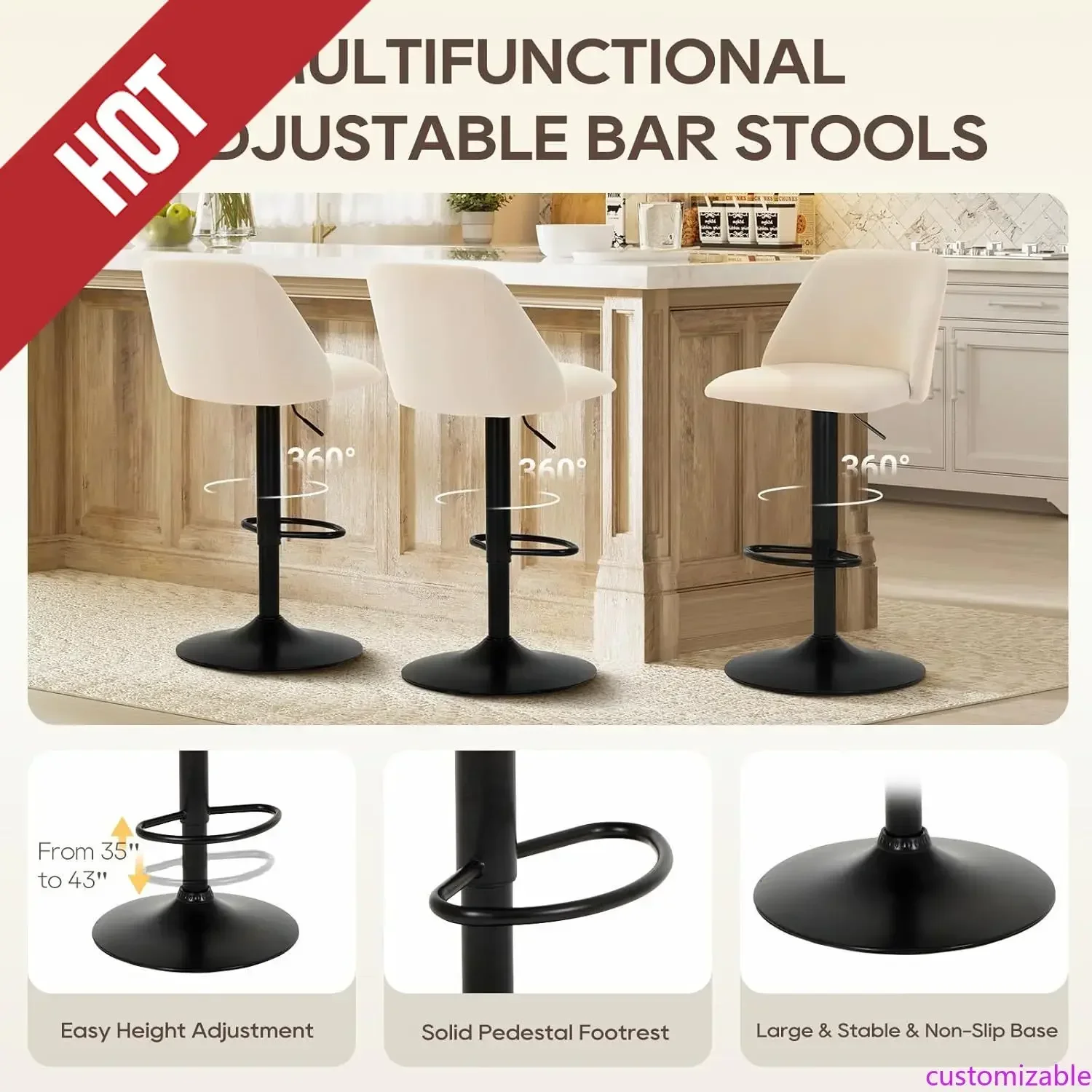 

Набор из 3-х регулируемых барных стульев, современные поворотные барные стулья для бара, столовой, кухонного острова, бежевый цвет