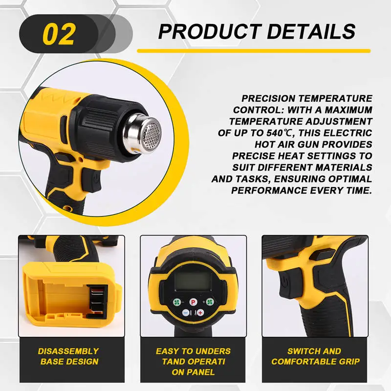 Cordless Heat Gun 540℃ Temperature Adjustment LED Display 4 Gear Wind Speed Electric Hot Air Gun For Dewalt 18V20V Battery