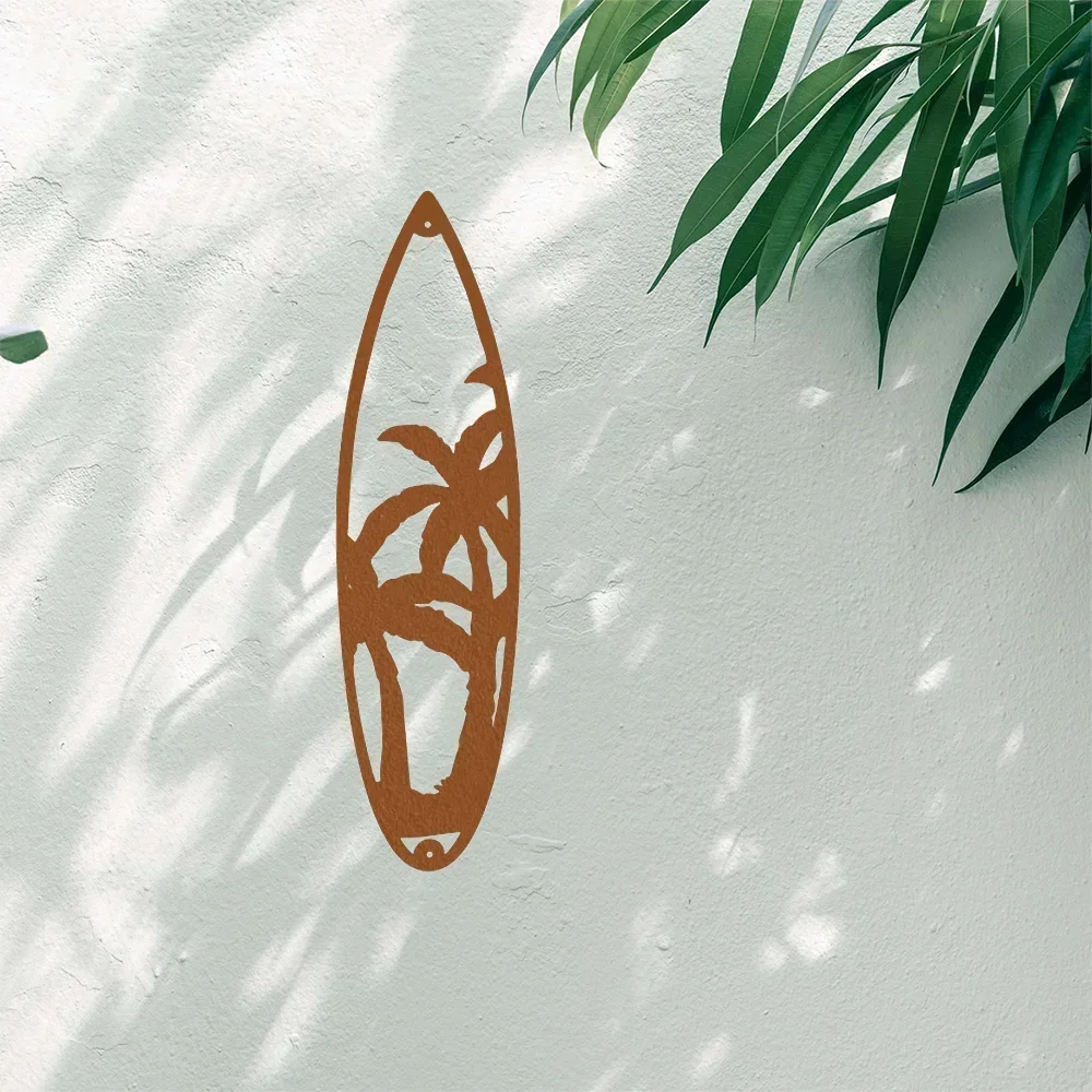 Adorable Metal Surfboard Tropical Decor – Cute with Tropical Charm. Lovely Tropical Palm Tree Metal Surfboard Wall Art