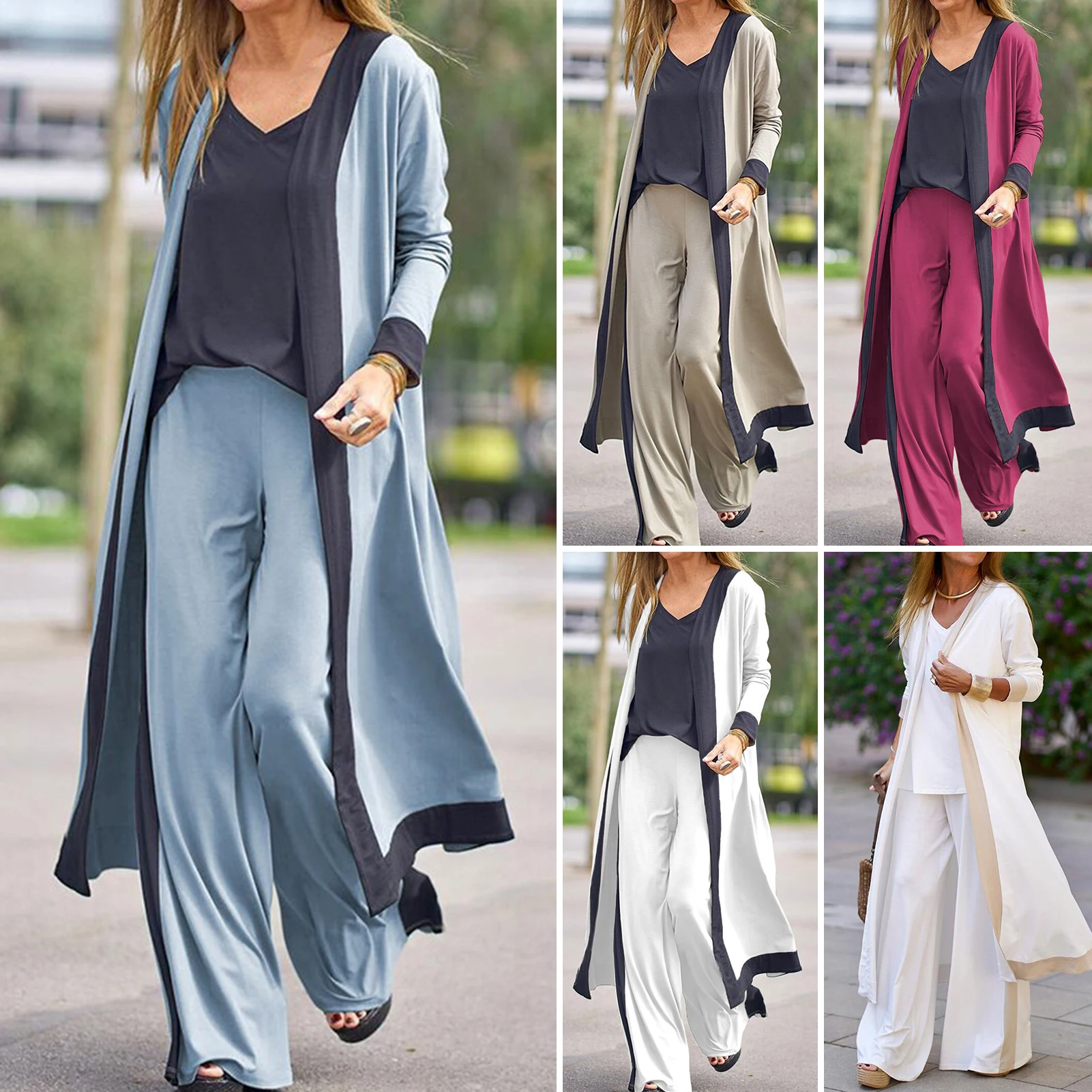 Autumn Winter 1 Set Stylish Cardigan Coat Sling Top Pants Homewear Set Three-Piece Women Outfit Color Block   for Office