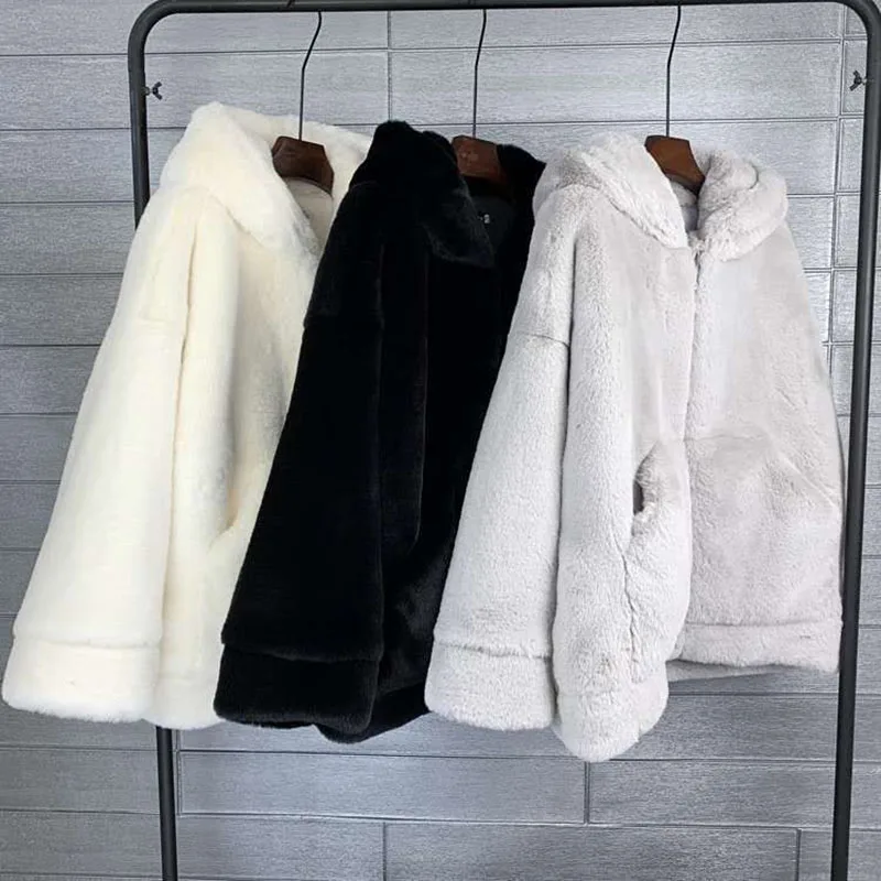 Chaquetas de piel de felpa coreanas para mujer, prendas de vestir para otoño e invierno, Parka gruesa y cálida, chaqueta de piel con capucha holgada