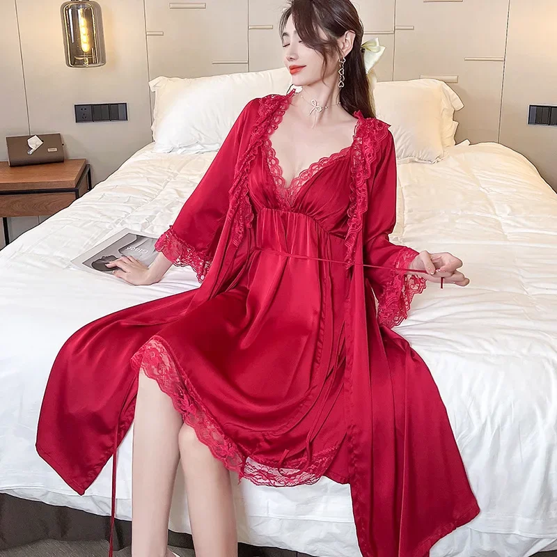 Robe Nachthemd Set sexy Spitze Bademantel Schlafanzug Frauen lange Nachtwäsche Kimono Kleid Lounge wear Sommer Satin Nachthemd Home Wear