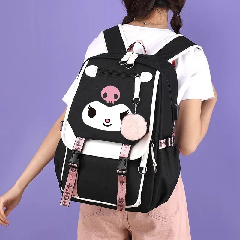 Kuromi-Mochila con estampado de dibujos animados para niños y niñas, morral Escolar con USB para estudiantes, adolescentes y mujeres