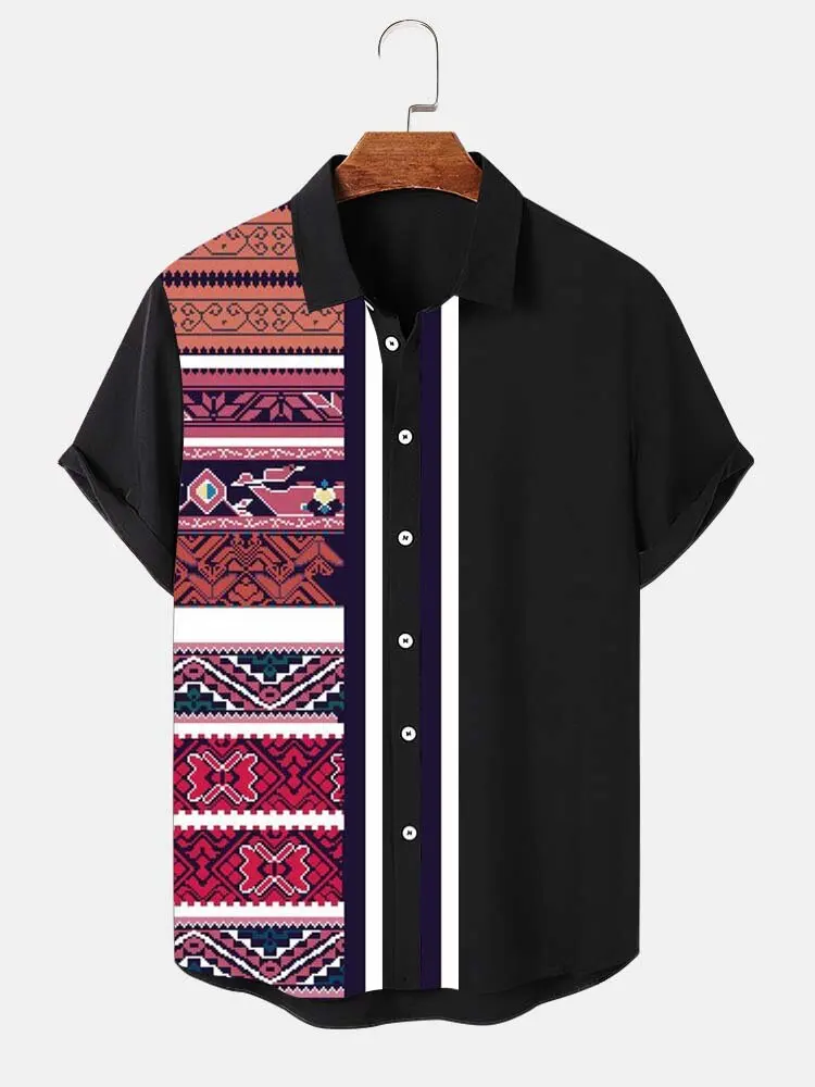 Kemeja motif 3D geometris Vintage musim panas baju Fashion pria baju kasual Streetwear kemeja lengan pendek blus pakaian pria