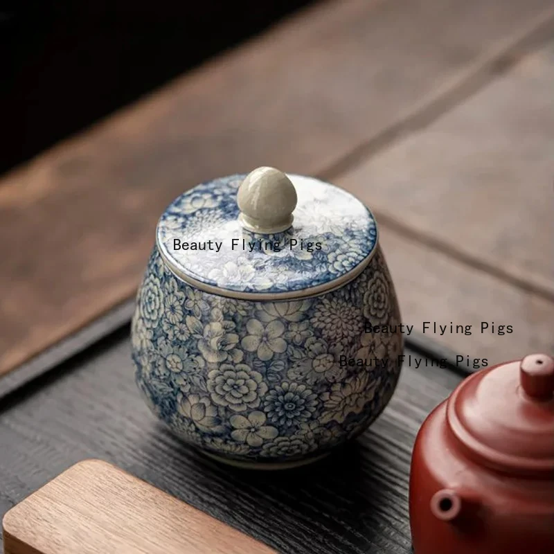 Tarro sellado de porcelana retro azul y blanca de 300ml, té de café en grano con tapa, tarro decorativo, contenedor de té portátil