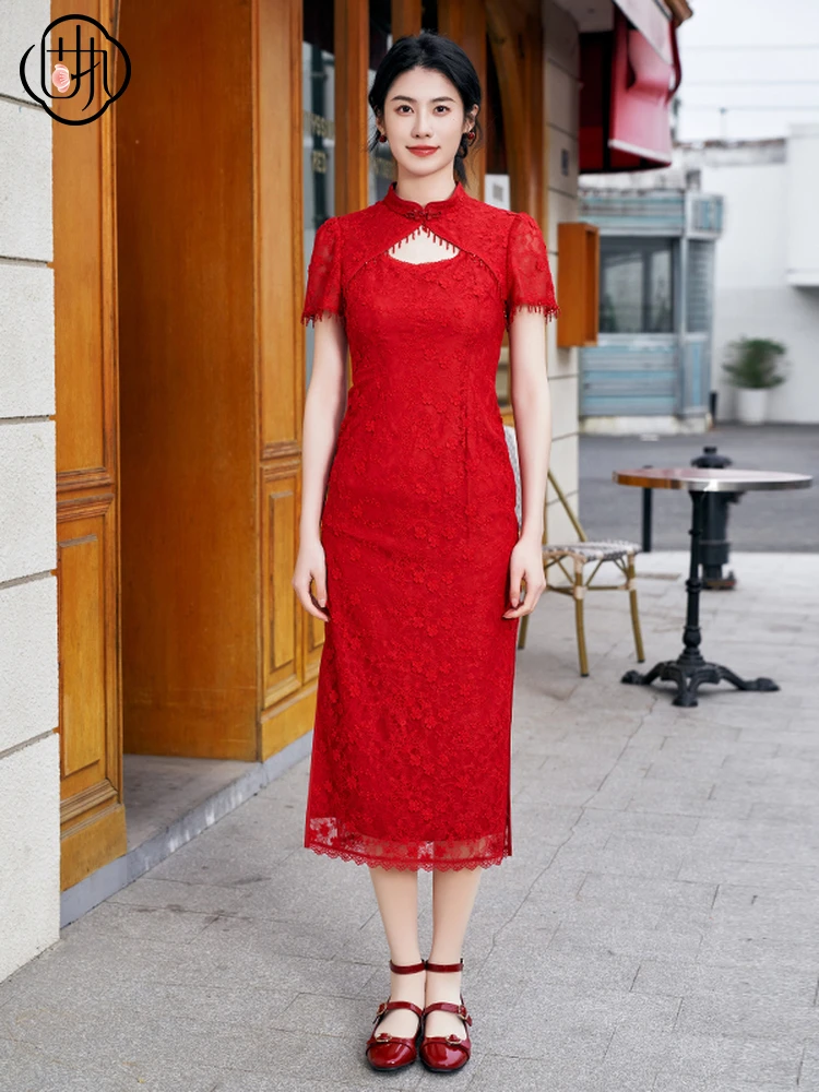 

Ele ort Sve Mid-Length Lace Dr Chinese Sle Summer New Arrival Obstinate Polyester Fiber Low Slit