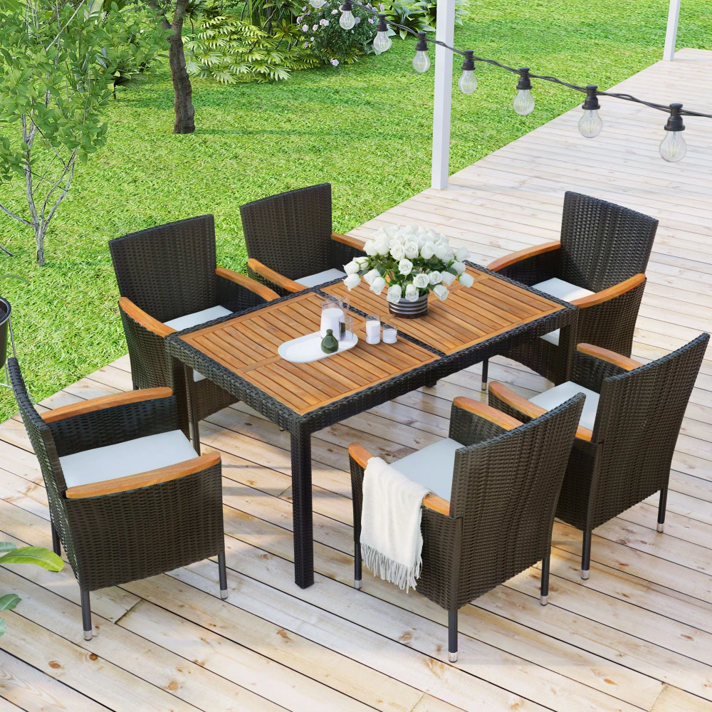 

7-Piece Outdoor Patio Dining Set, Stackable Armrest Chairs with Cushions,Garden PE Rattan Wicker Dining Table and Chairs Set,