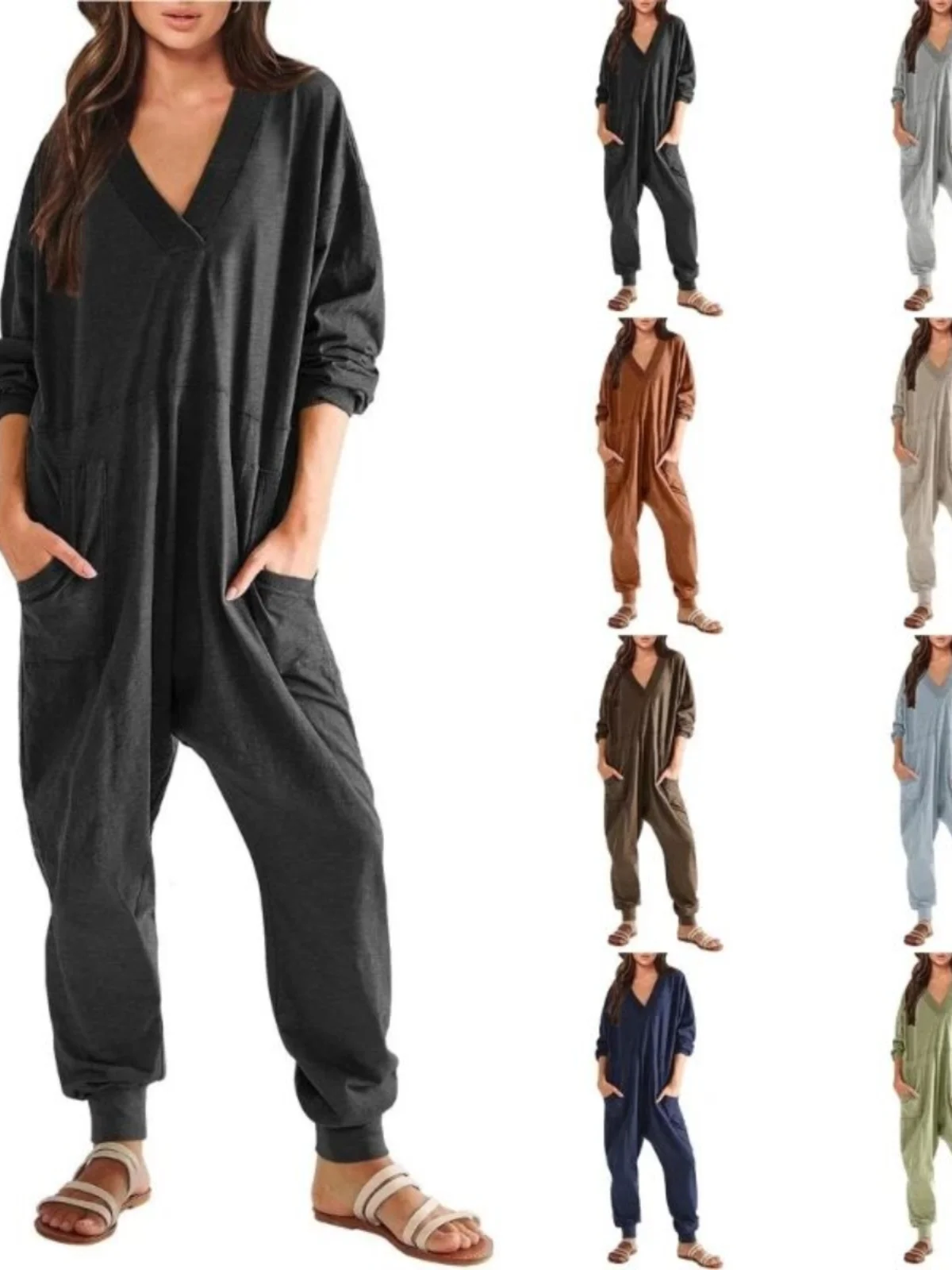 

Женский комбинезон с V-образным вырезом и пэчворком, с множеством карманов, в уличном стиле, с высокой талией, длинные брюки, повседневный, удобный, цельный костюм