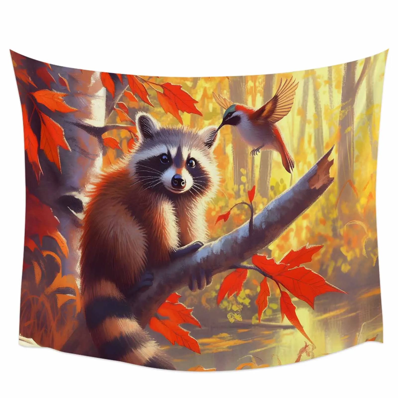 Fall Maple Tree Raccoon Hummingbird Tapestry Wall Hanging Custom Boho Decoration Wall Tapestry Home Decor Hanging Cloth