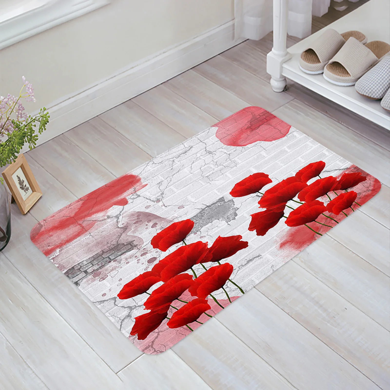 Flowers Red Petals Wall Cracks Brick Gray Branches Bathroom Carpet Kitchen Mat Entrance Door Mats Room Floor Prayer Rug Doormat