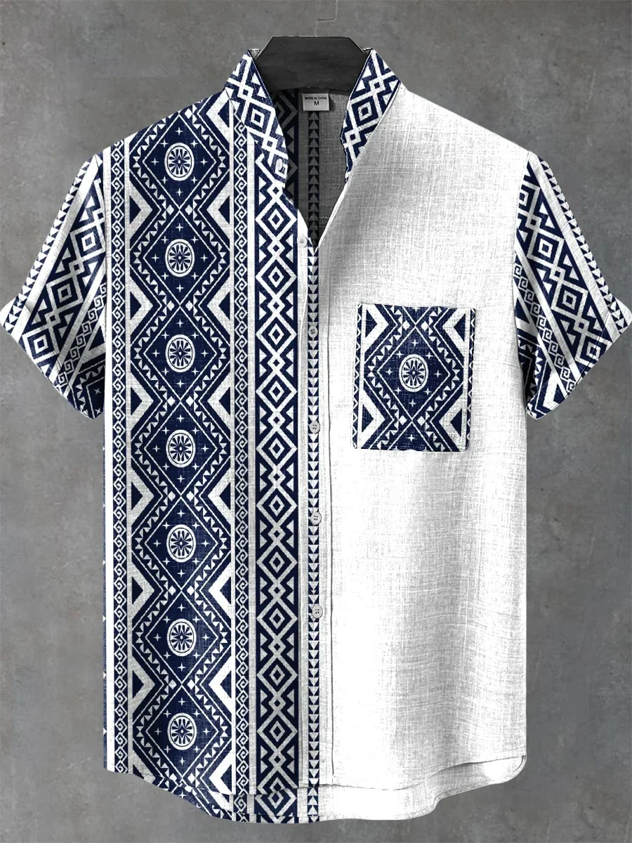 

New ethnic-style shirt pattern casual design men's linen printed short-sleeved shirt button fashionable top