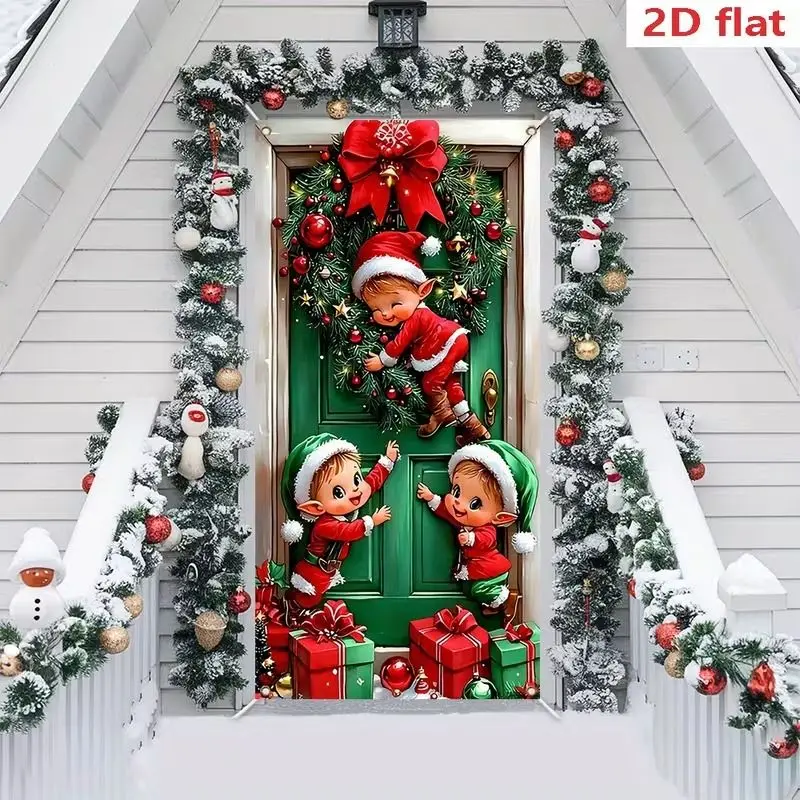 VIKAMA Christmas Elf Print Door Curtain, Green Door Wreath & Bell Short Curtain, Entrance Hanging Divider for Porch Home Decor