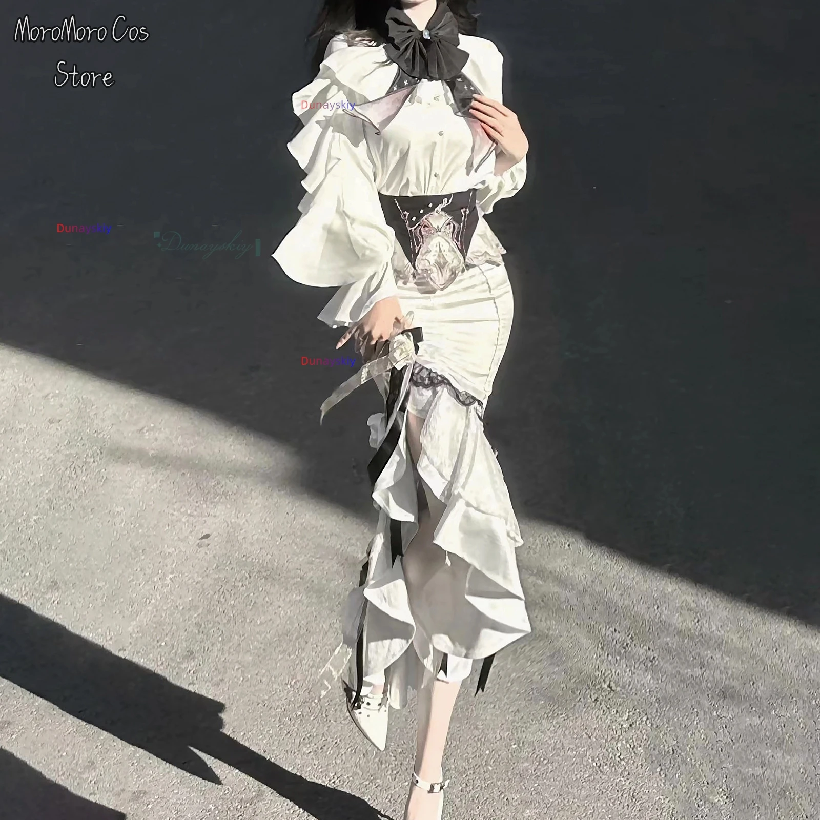 

Autumn New White Gothic Skirt Sets Retro Court Style Long Sleeve Top Fishtail Skirt Short Skirt Cosplay Halloween Party Clothes