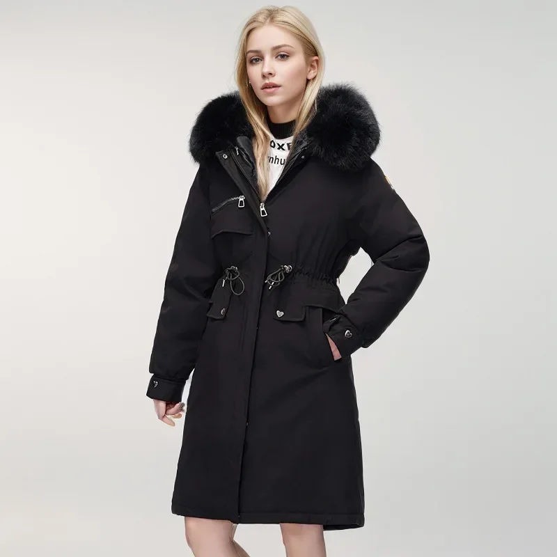 2024 New Winter Women Parka Clothes Loose Long Coat Wool Liner Hooded Down Cotton Jacket Fur Collar Thick Warm Snow Wear Padded