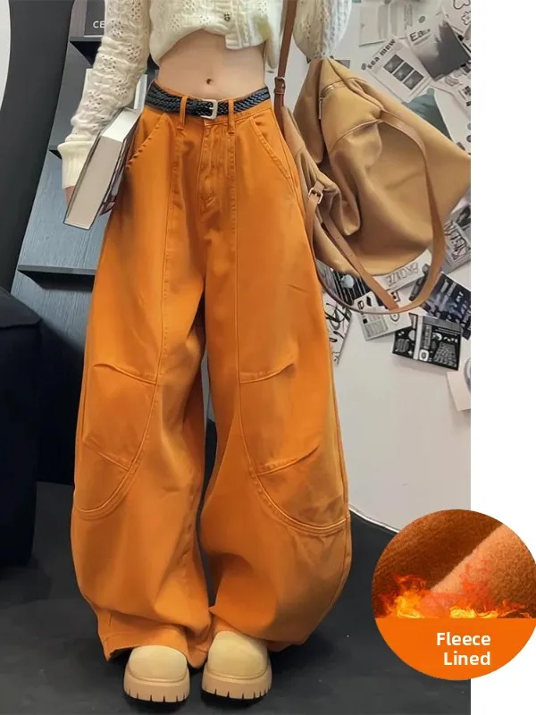 

American Style Fleece Lined Orange Denim Pants Women's Lazy Loose Feelings Scythe Wide Leg High Waist Casual Trousers