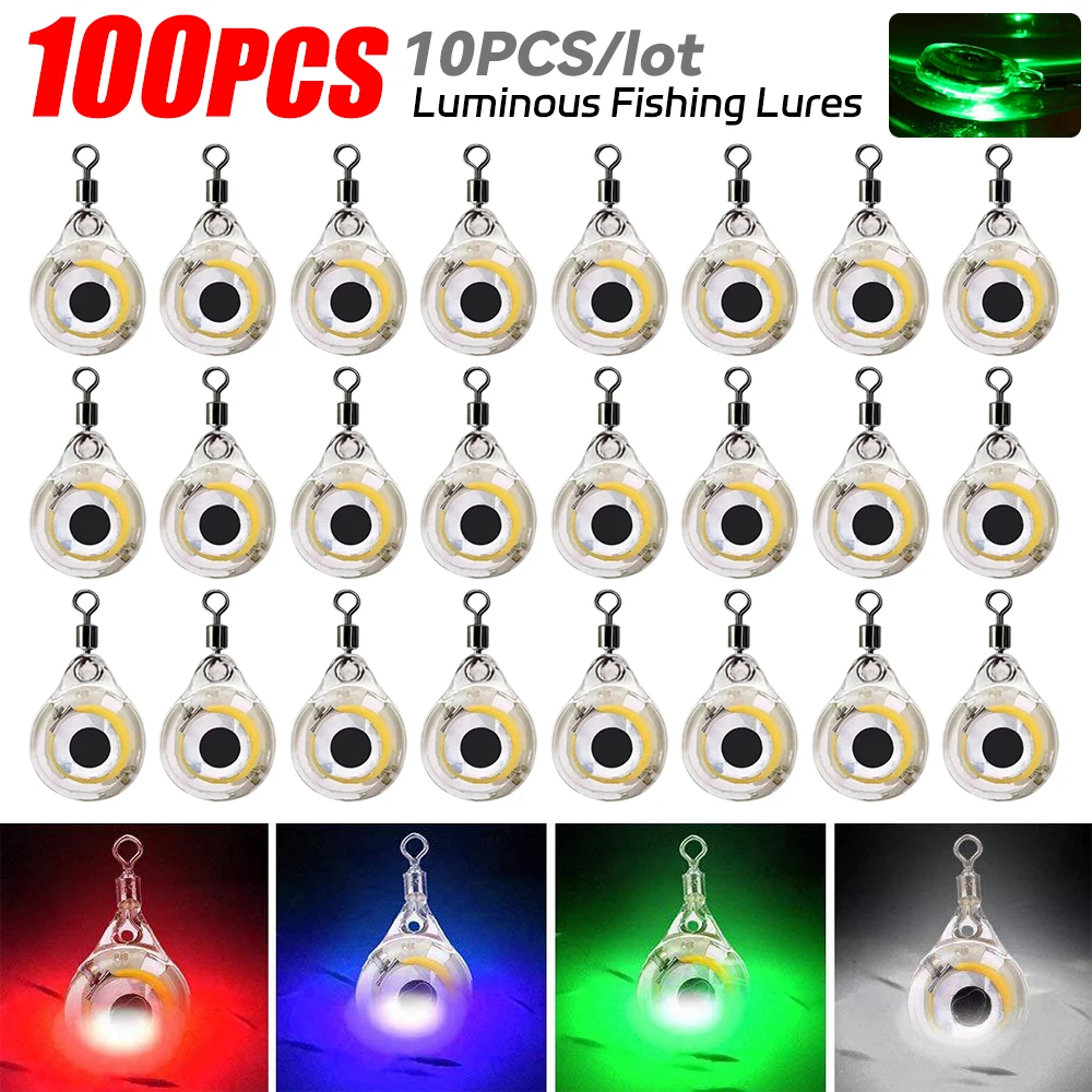 100PCS Mini Fishing Lure Light Underwater Eye Shape Luminous Lures Light LED Sea Fishing Squid Fishing Bait for Attracting Fish