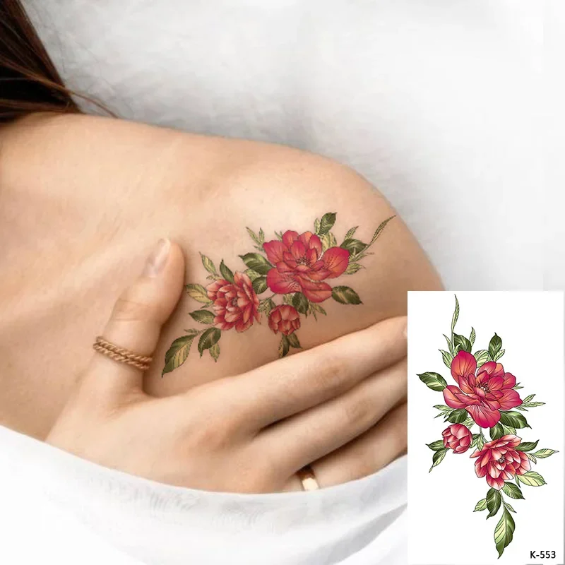 Tattoo Sticker Color Rose Peony Flower Temporary Waterproof Hand Arm Chest Fake Tatoo Flash Tatto for Men Women Body Art