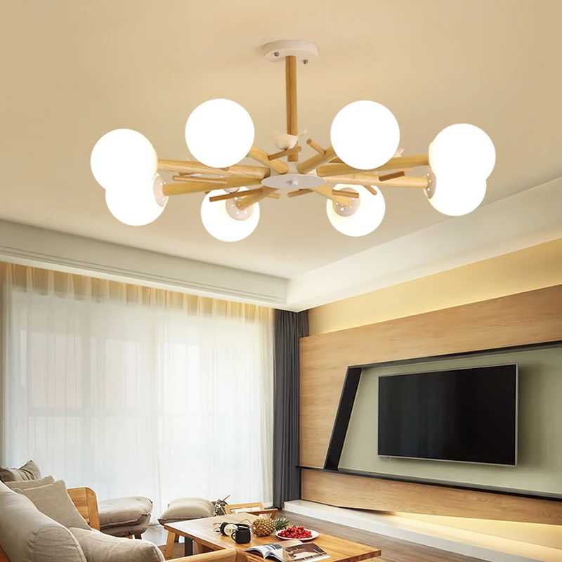 

Nordic Glass Wood Chandeliers For Living room Cafe Industrial lustre plafonnier Minimalist Bedroom Chandelier Lighting fixtures