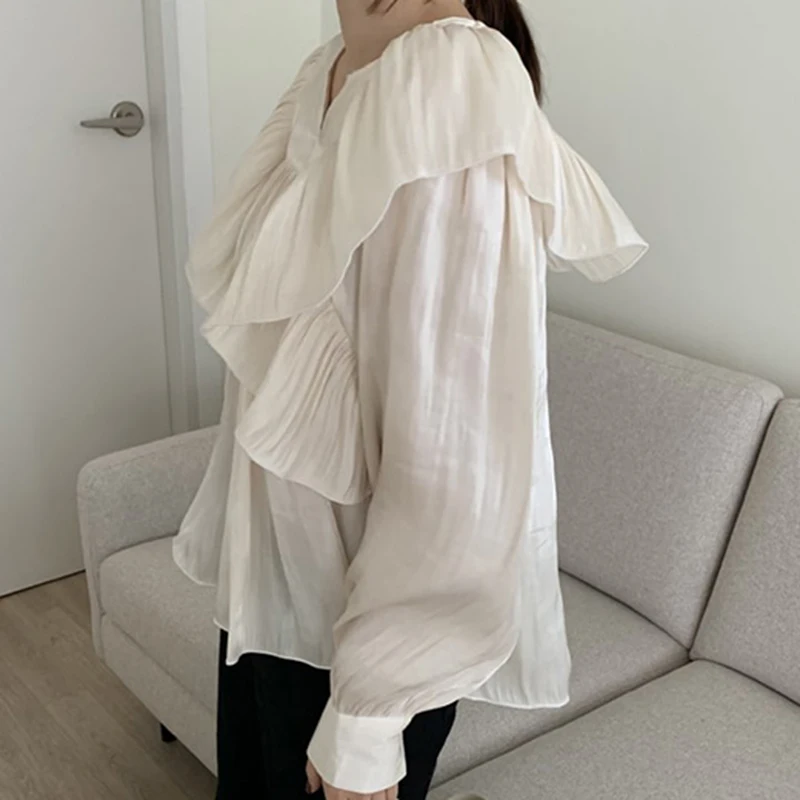 Chic Ruffled Edge Pleated Loose Shirt for Women Fashion Puff Long Sleeve Women Blouse Tops Solid Vintage Elegant Blouses New 201