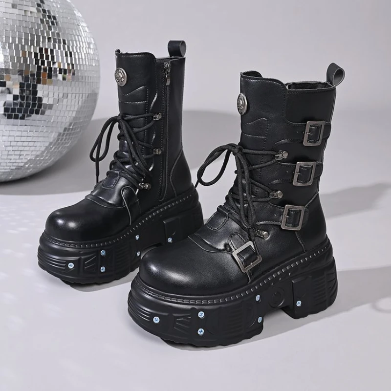 Autumn Winter Fashion Quality Comfortable Punk Gothic Knee Length Boots With Metal Decoration Riveted High Heels Motorcycle Boot