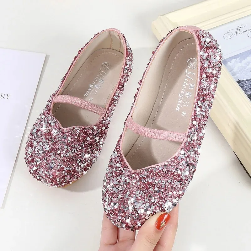 

Children Spring Autumn Soft Soled Leather Shoes Little Girl Princess Dance Shoes Girls Silver Sequins Crystal Shoes Elastic Band