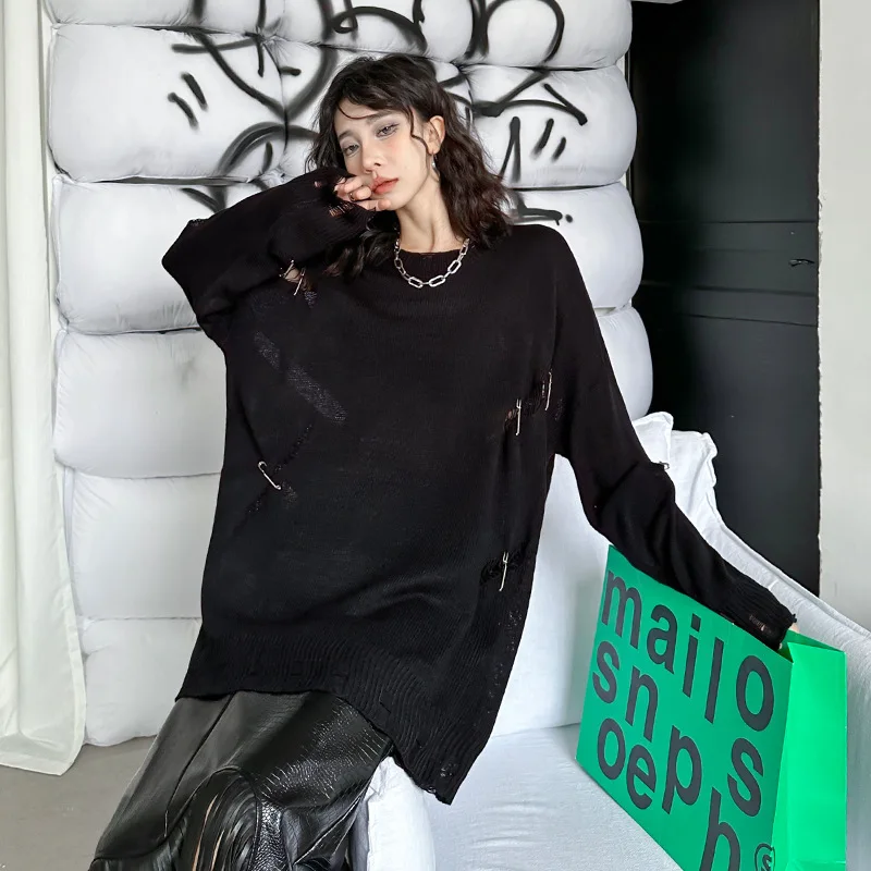 Tannt femmes pull trou irrégulier évider noir Long pull tricot asymétrie décontracté lâche tricot chandails femmes 2025