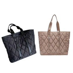 Womens Large Capacity Nylon Tote Bag Vintage Quilted Pattern Solid Color Office Work Travel Casual Shoulder Handbag