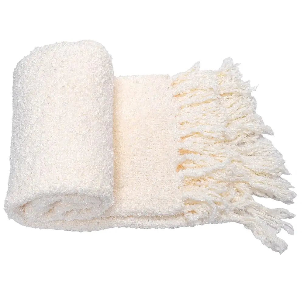 

White Fluffy Knitted Woven Throw Blanket, 50'' X 60'', Antique White, Lightweight Soft Cozy Comfy Decorative Throw Blanket For