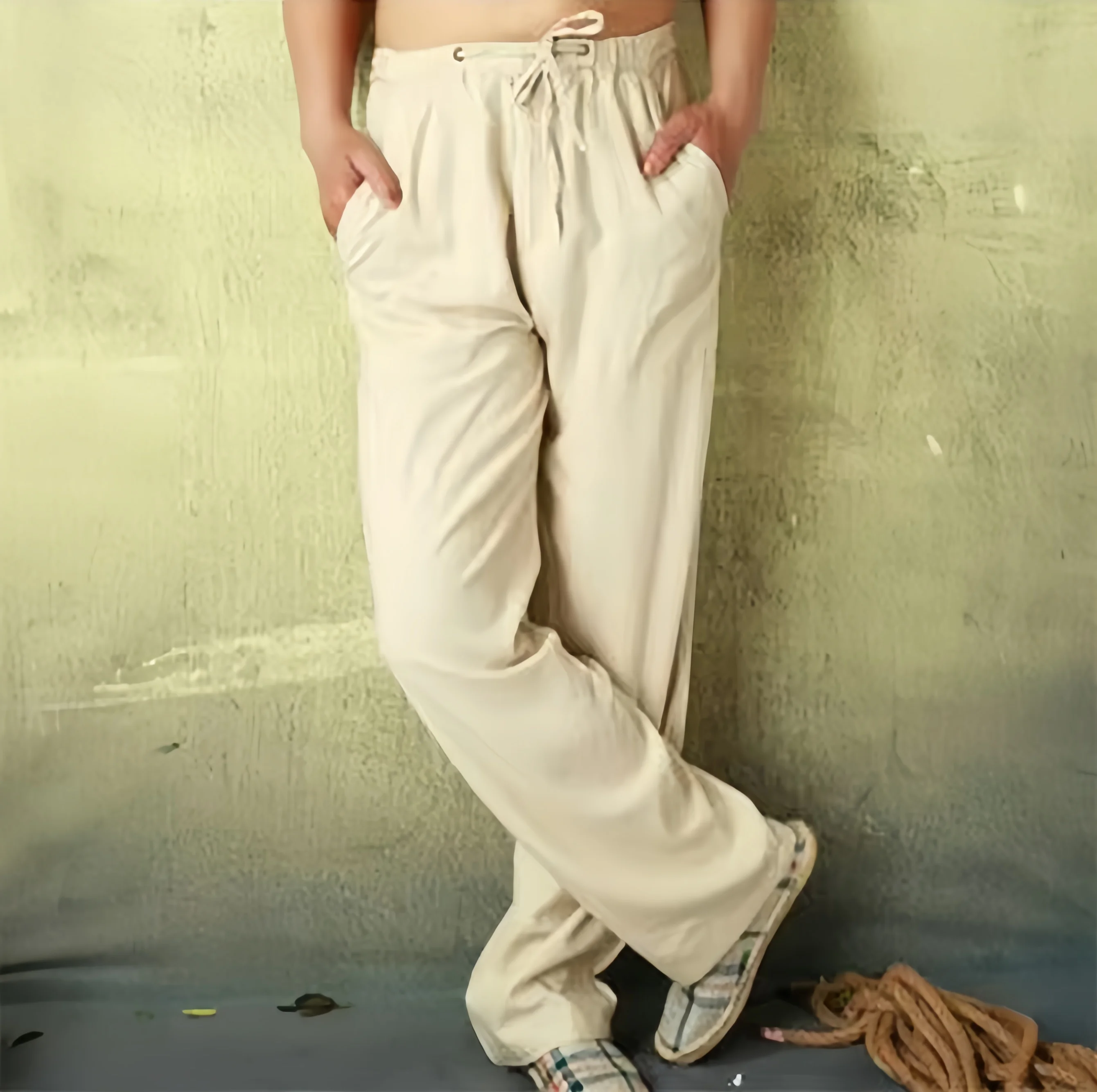 

2025 Men's Linen Cotton Pants Summer Wide Leg Breathable Loose Fit Joggers High Waist Beach Sweatpants S-5XL Plus Size