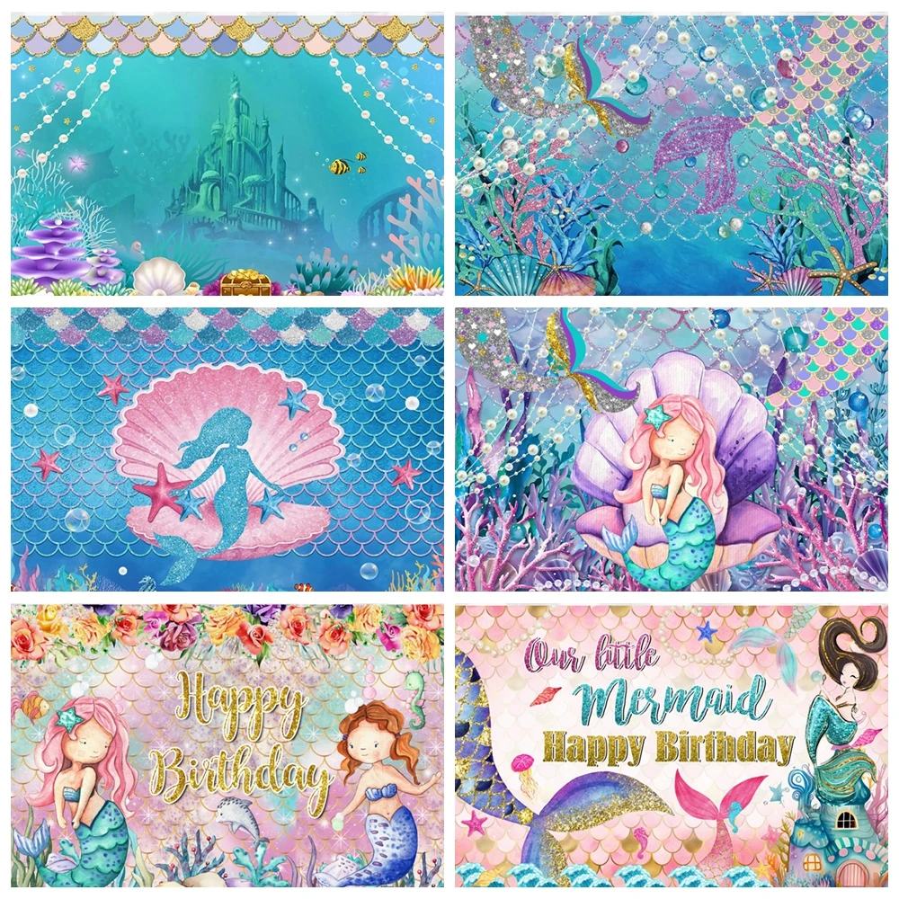 

Mermaid Princess Backdrop For Photography Under The Sea Scales Shell Tail Girls Newborn Baby Shower Birthday Party Background